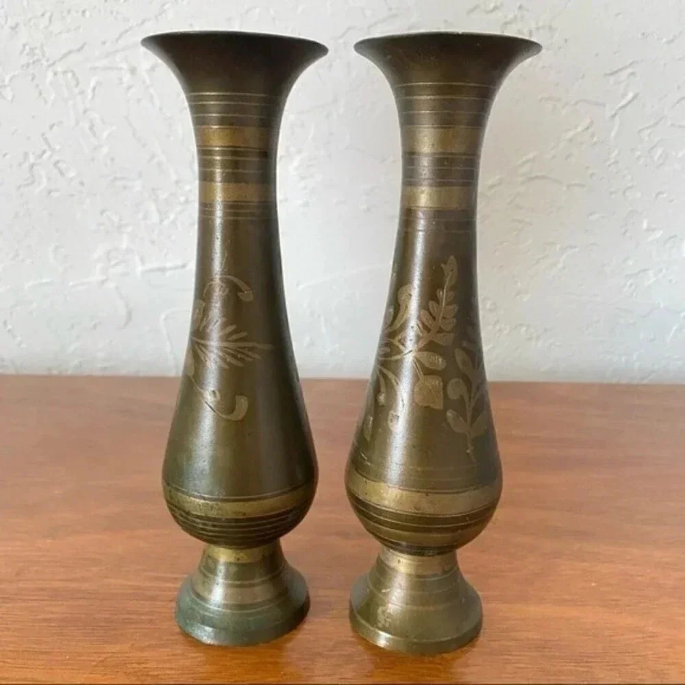 Vintage Indian Engraved Brass Vase Sets - Picture 2 of 7